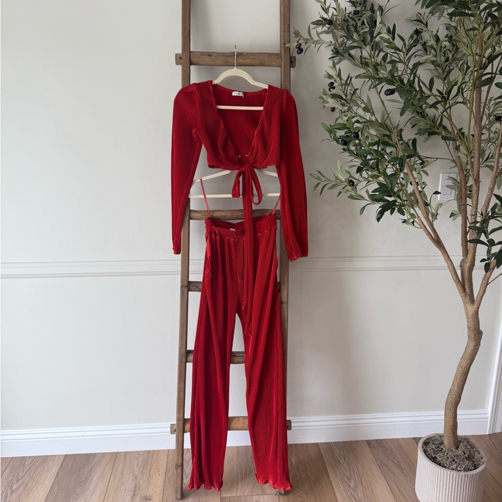 Red Ribbed Satin Set